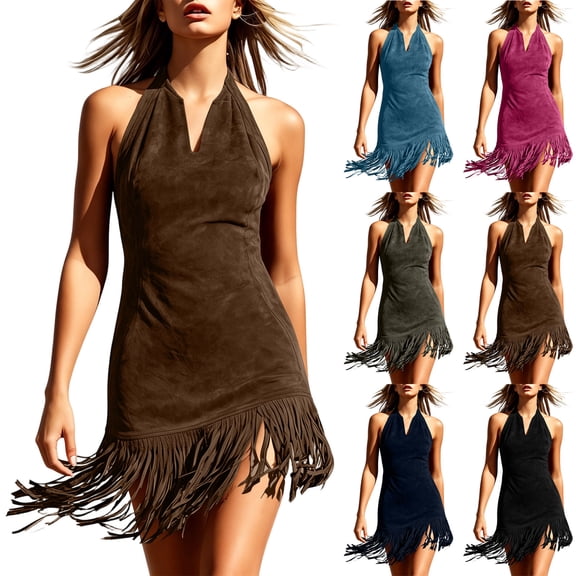 VBVC Women's Faux Suede Halter Neck Mini Dress , Ladies' V-Neck Fringe Hem Western Dress , Festival Party Bodycon Dresses For Women,Army Green,S-2XL