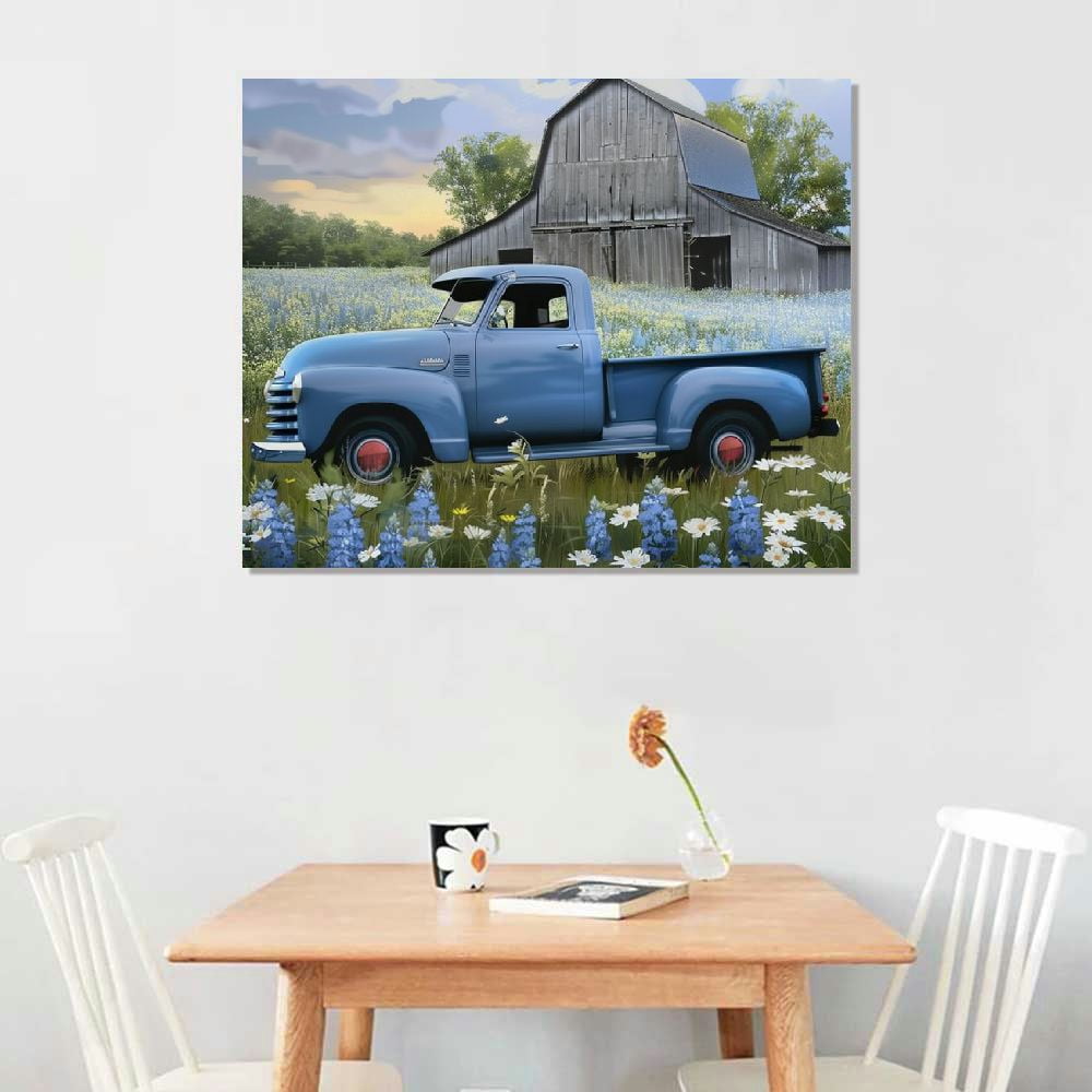 BCIIG Farmhouse Old Truck Canvas Wall Art Blue Car and White