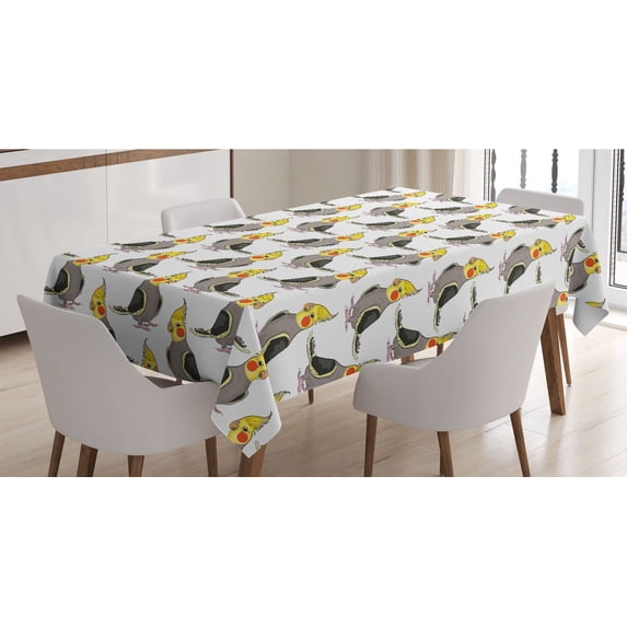 Exotic Tablecloth, Corella Nymph Parrot Cockatoo Family Tropical Birds Jungle Illustration, Rectangle Satin Table Cover for Dining Room and Kitchen, 60" X 84", Grey Scarlet Lime Green, by Ambesonne