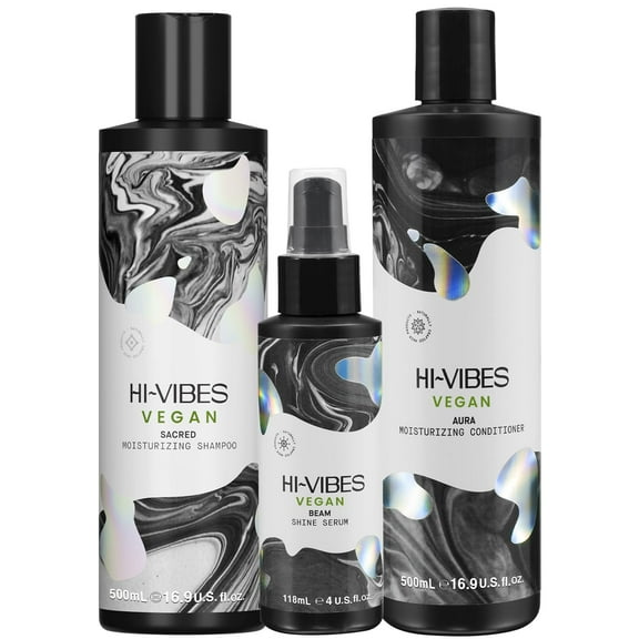 HI-VIBES Ritual Collection Sacred Shampoo & Aura Conditioner with Beam Shine Serum. VEGAN, Sulfate & Paraben free. Pack of 3 Infused with Green Tea extract, Argan oil & Maracuja Oil