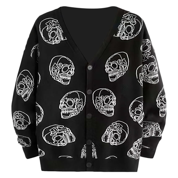 Wang6 Women Plus Size Lightweight Cardigans Sweaters Trendy Long Sleeve Button Cable Knits Fall V Neck Loose Skull Printed Knitted Outwear Tops Black XL