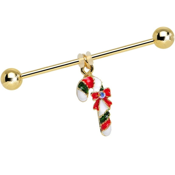 Body Candy Anodized Steel Striped Christmas Candy Cane Dangle Industrial Barbell 14 Gauge 38mm