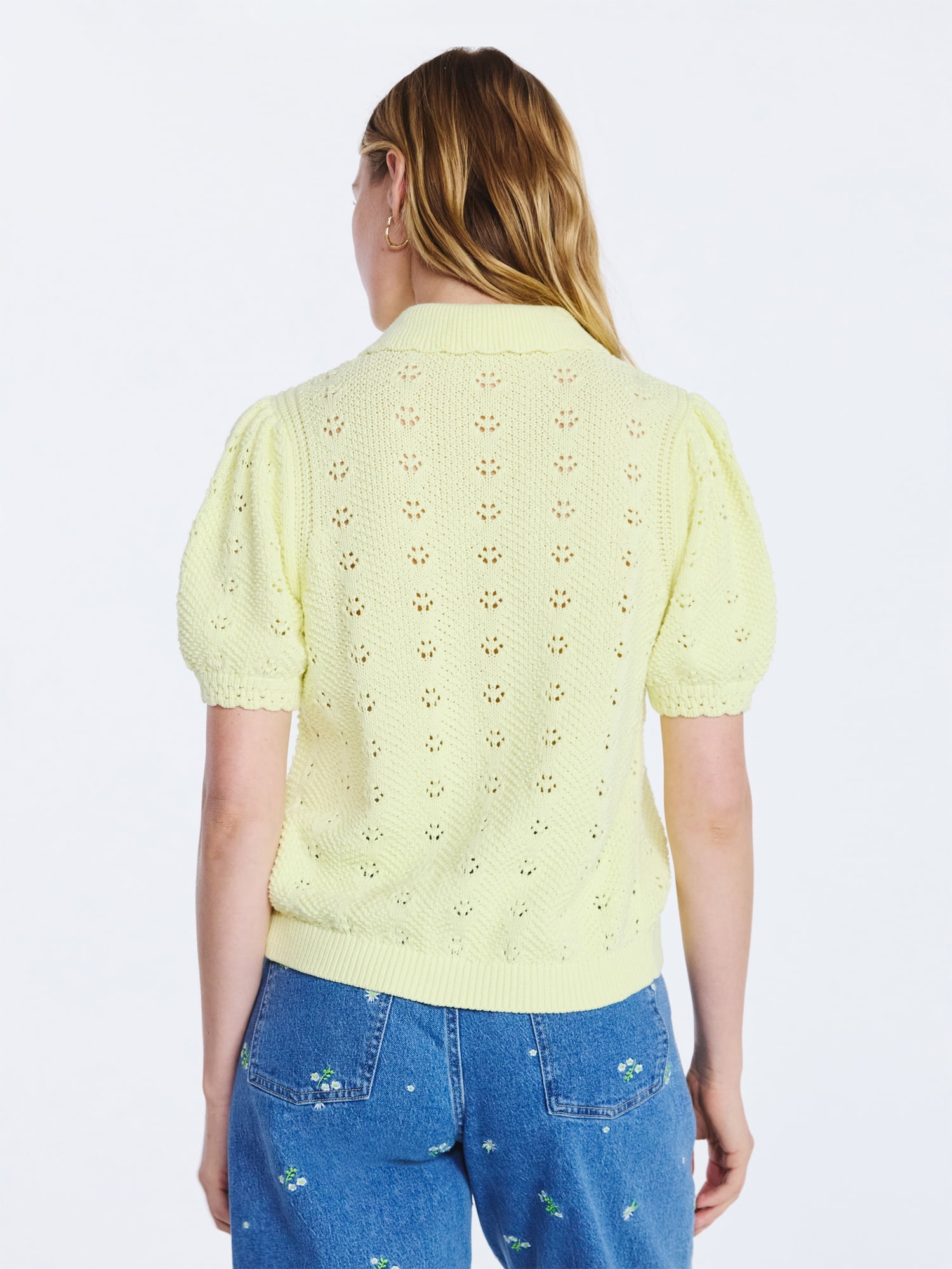 Free Assembly Women's and Women's Plus Cotton Pointelle Cardigan Sweater with Short Sleeves, Lightweight, Sizes XS-4X
