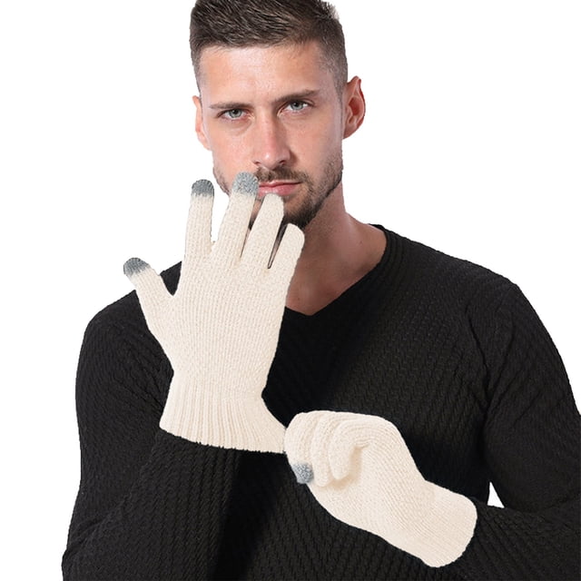 AWZXDE Mens Gloves Solid Color Winter Thickened Knitted Outdoor Warm Screen Snowman Embroidered