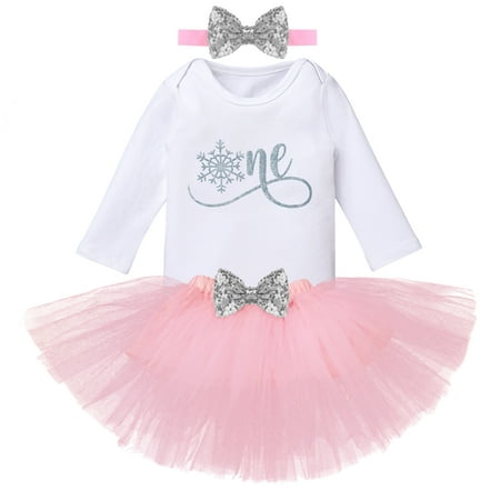 

1st Birthday Snowflake Outfit Baby Girl Cake Smash for Photo Shoot Romper Tutu Skirt Headband Toddler Christmas Themed Winter Onederland First Birthday Outfits Party Supplies 1T Pink + Silver One