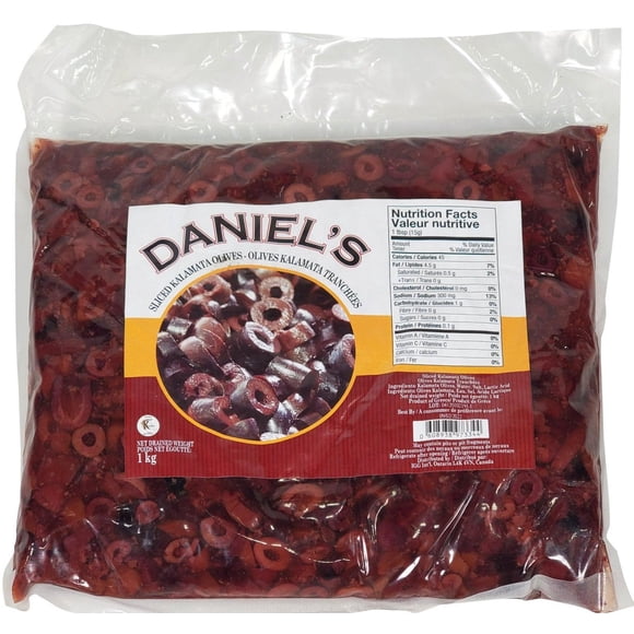 Daniel's - Olives - Kalamata - Tranchées - 1 kg - 1 Ct - Pochette Pré-Tranchée de Qualité Supérieure pour une Efficacité Économe en Effort et un Service Traiteur Professionnel (1 Ct)