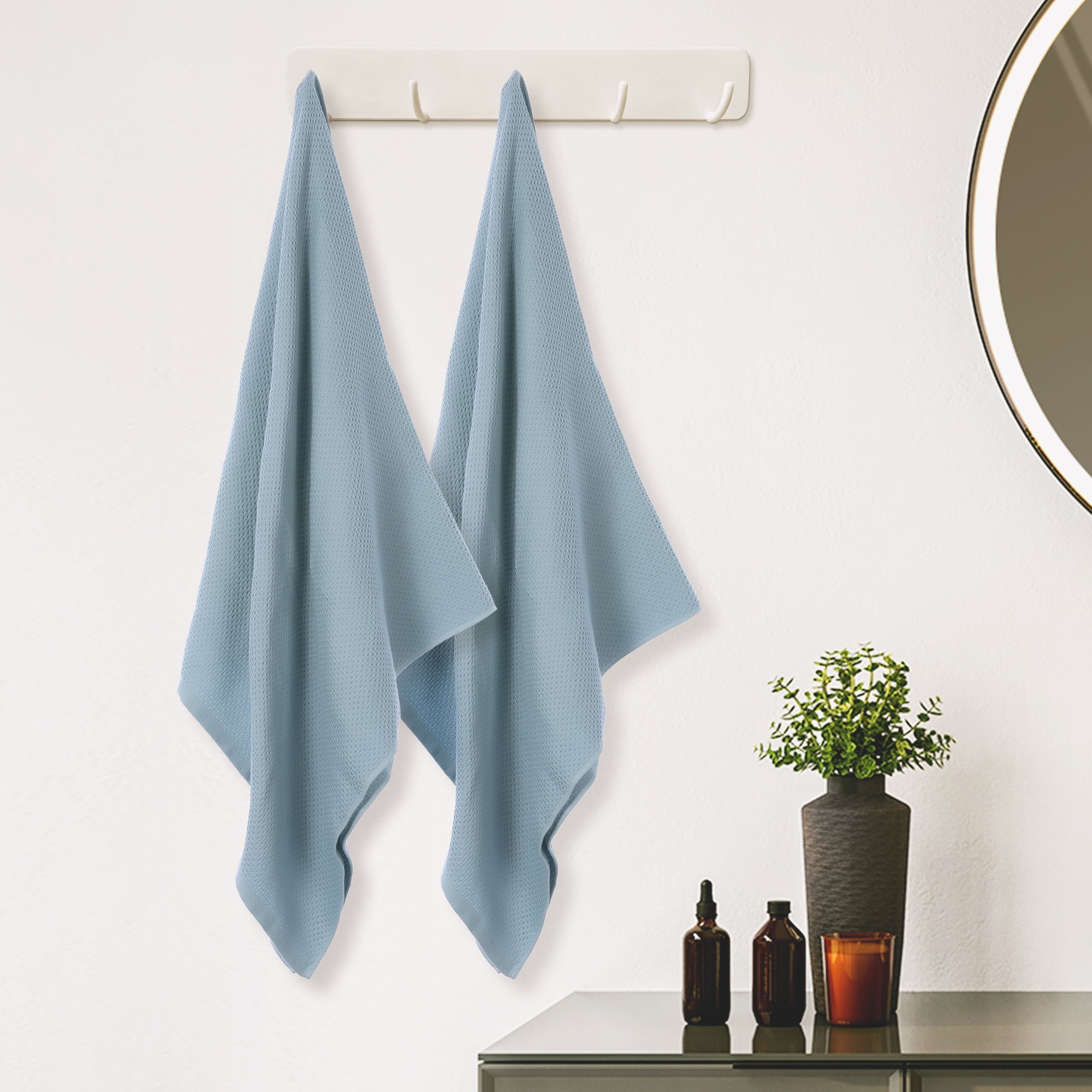 Unique Bargains Waffle 2 Pack Cotton Bath Towel Set Soft Highly Absorbent Towels Blue 28" x 56"