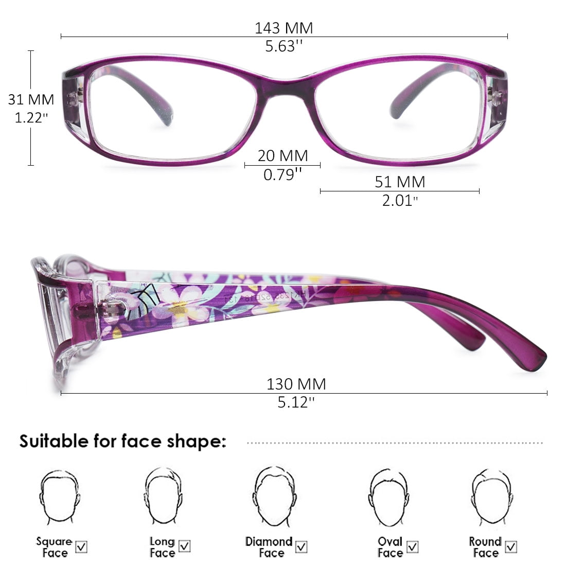 KOOSUFA Womens Floral Color Reading Glasses 1.50 Quality Rectangle Readers Eyeglasses Eyewear Purple