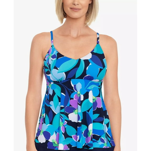 Swim Solutions Women's V-Neck Underwire Tankini Top  Swimsuit Blue Size 10