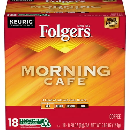 Folgers Morning Cafe Coffee, Mild Roast, K-Cup Pods for Keurig K-Cup Brewers, 18-Count