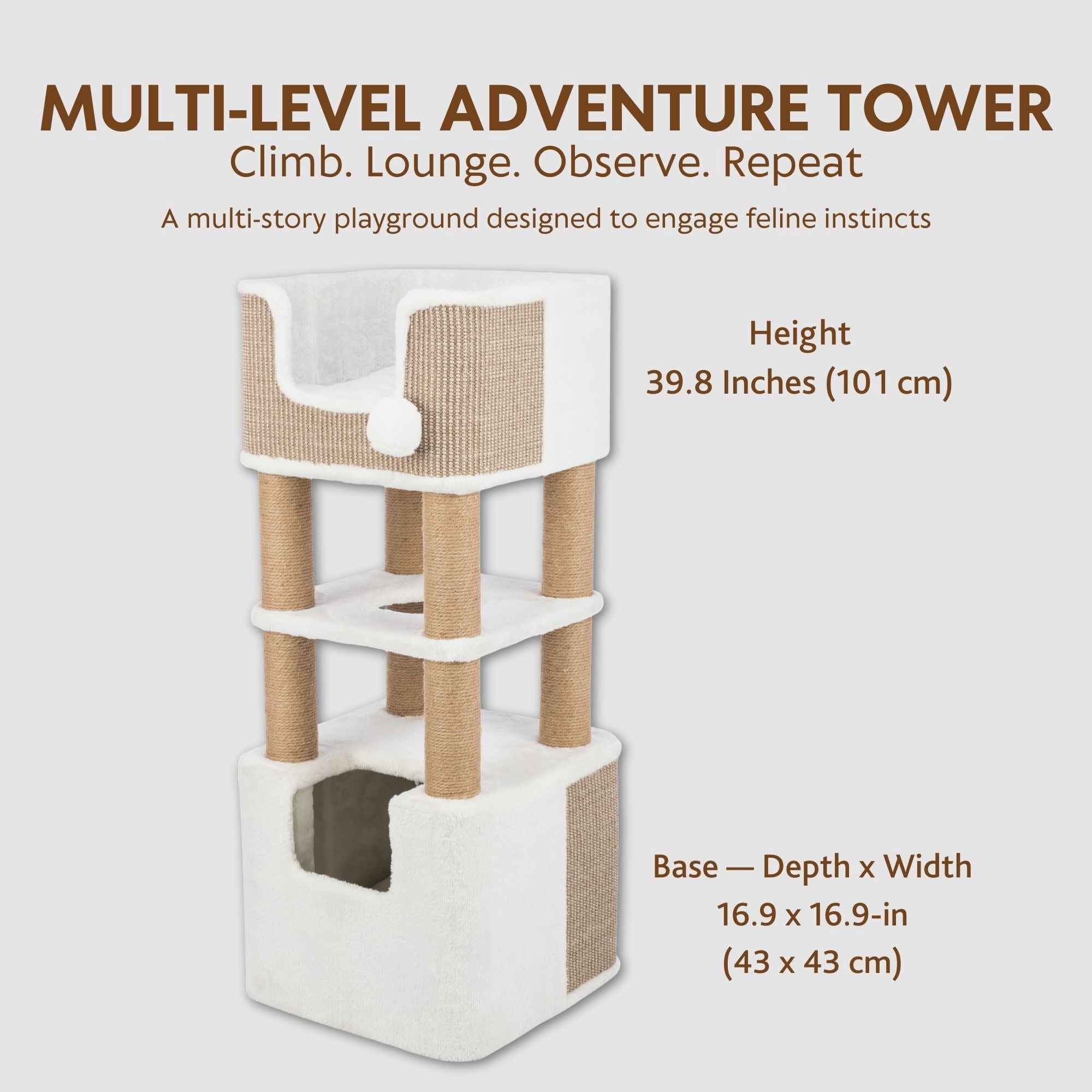 TRIXIE Lucano 39.8" Multi-Level Cat Tree with Sisal Scratching Posts, Condo & Hanging Cat Toy, Taupe
