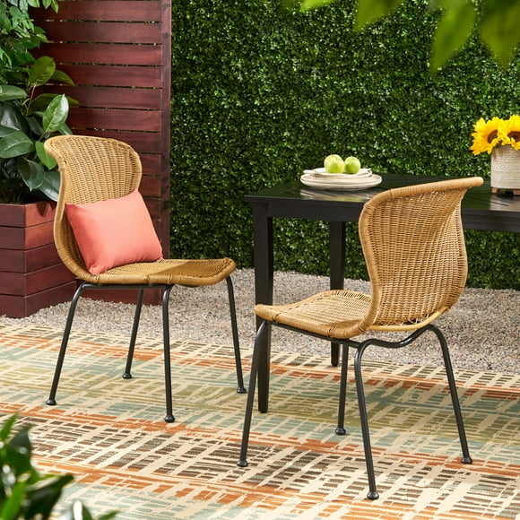 Modern Rattan Indoor/Outdoor Restaurant Dining Chairs, Stackable Rattan Bistro Chairs for Patio or Restaurant, Set of 2, Light Brown