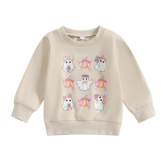 Elippeo Toddler Girls Sweatshirts 6 12 18 24 Months 3 4 Years Classic Bow Ghost Print Long Sleeve Round Neck Pullovers Spring Fall Tops