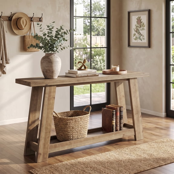 Fnova 63" Solid Wood Farmhouse Console Table, 2-Tier Entryway Table with Storage Shelf, Narrow Long Sofa Table for Living Room, Hallway, Foyer