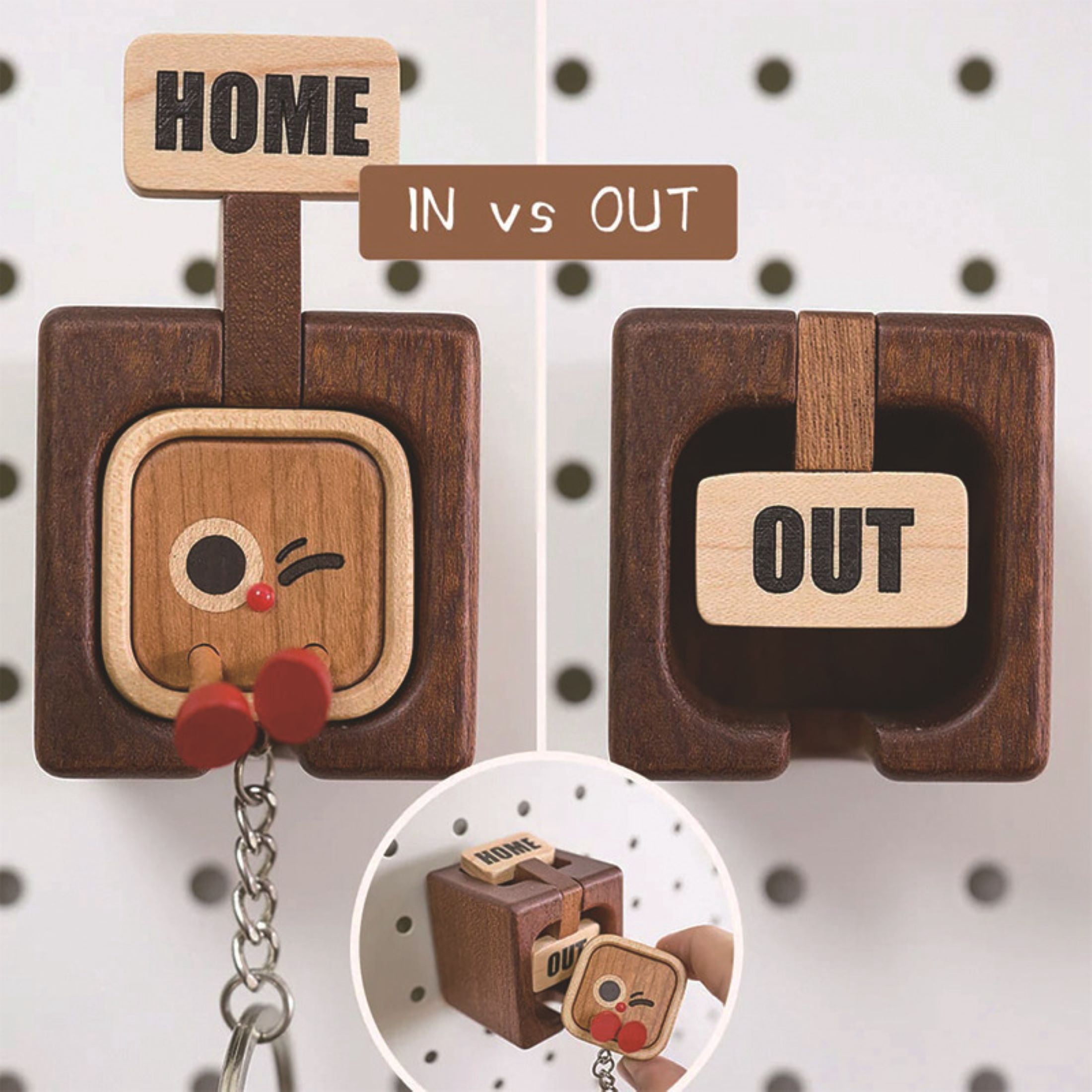 Creative Wooden Key Hook For Wall, Fun "Go Home/Go Out" Slider Solid Wood Wall Mounted Organizer For Corridor Decoration Magnetic Entrance Key Manager.