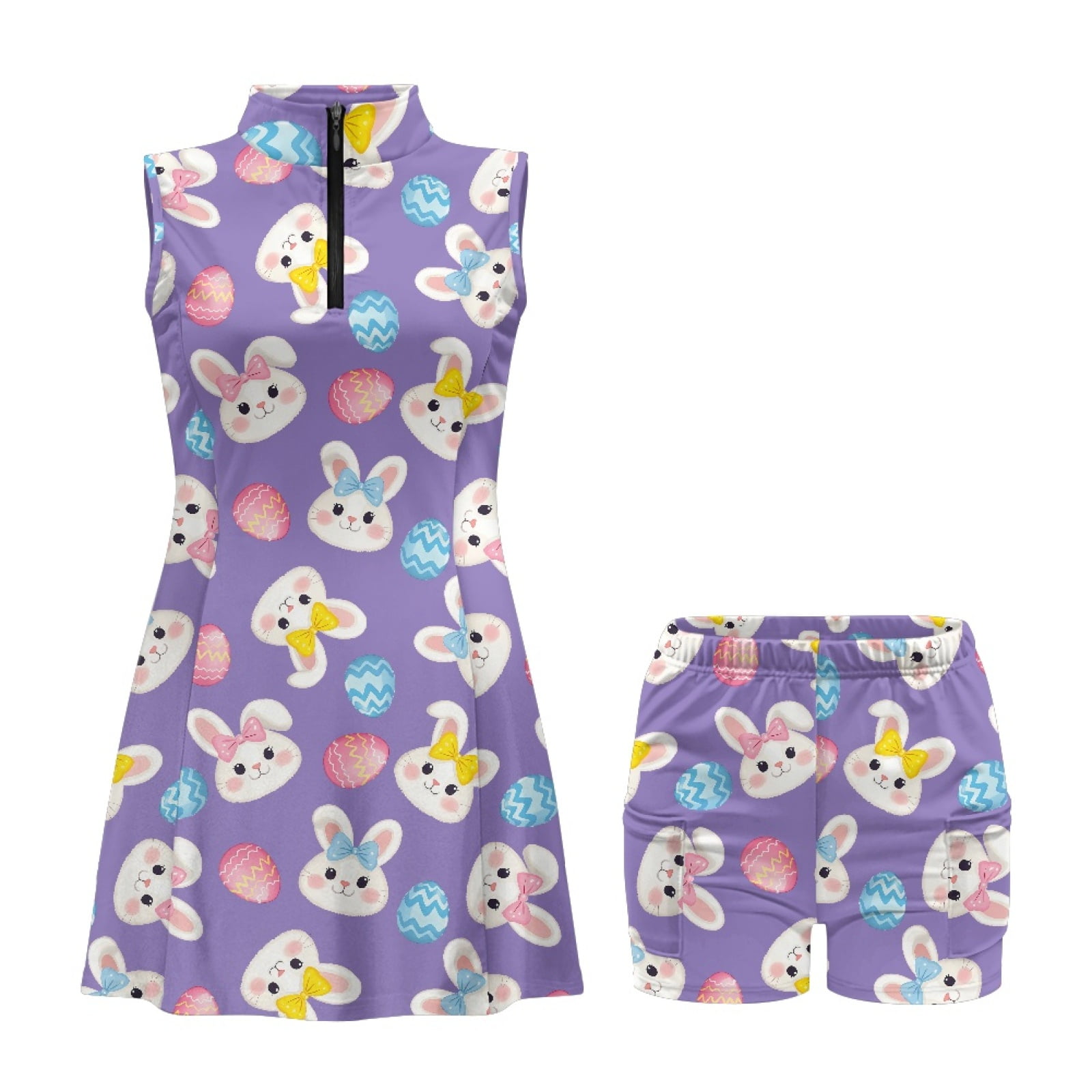 COEQINE Easter Bunny Egg Bow Purple Print Women's Tennis Dress with Built in Shorts and Pockets Stand Collar Sleeveless Exercise Dresses Zip Up Soft Golf Outfits with 2 Piece Set, M
