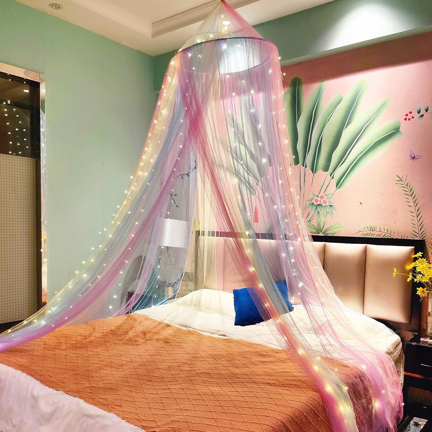 Princess Rainbow Bed Canopy with 250pcs Warm White Curtain Lights, Bed Canopy for Girls Room Decor or Unicorn Theme Party