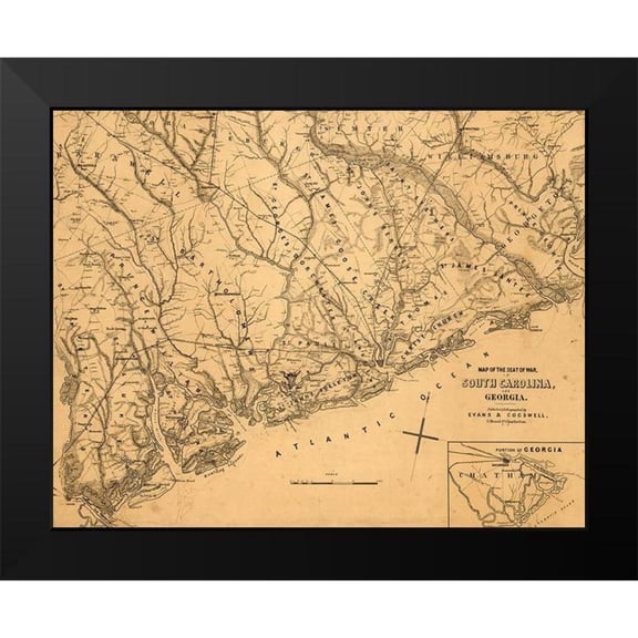 Vintage Maps 14x12 Black Modern Framed Museum Art Print Titled - Seat of War in South Carolina and Georgia 1861
