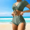 thumbnail image 4 of Joernso 2Pcs/Set Women Summer Bikini Set V-Neck Short Sleeve Tops High Waist Drawstring Swimming Trunks Solid Color Quick Drying Swimsuit, 4 of 8