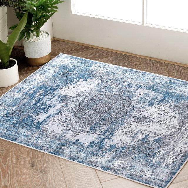 Rugking Area Rug 2x3 Indoor Mat Foldable Blue Entrance Rug Floral Printed Distressed Vintage Thin Rug Traditional Carpet for Bedroom Living Room