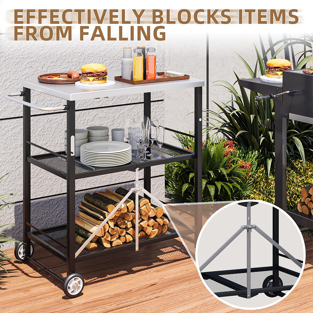 Three-layer foldable stainless steel cart with wheels, portable kitchen island suitable for apartment, studio, and backyard cooking, black