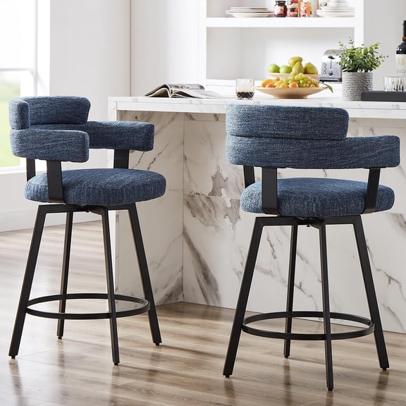 Counter Height Bar Stools with Full Back – Swivel Counter Stools Set of 2 with Linen Padded Back, Metal Footrest, Modern Barstools for Kitchen Counter, Island, Dining Room, Blue 24 inch