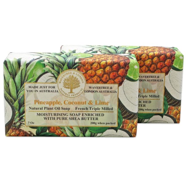 Wavertree & London Jabón natural perfumado de piña, coco y lima (2 barras) Barras de jabón hidratantes de triple molido francés de 7 oz enriquecidas con manteca de karité - Barras de jabón para baño y