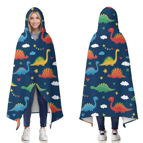 Wearable Blanket,DarkBlue Dinosaurs Stars Hearts Hooded Wearable Flannel Blanket for Adults & Teens,Winter Poncho Shawl Wrap Cape Cozy Anti-Pill,50"x60"