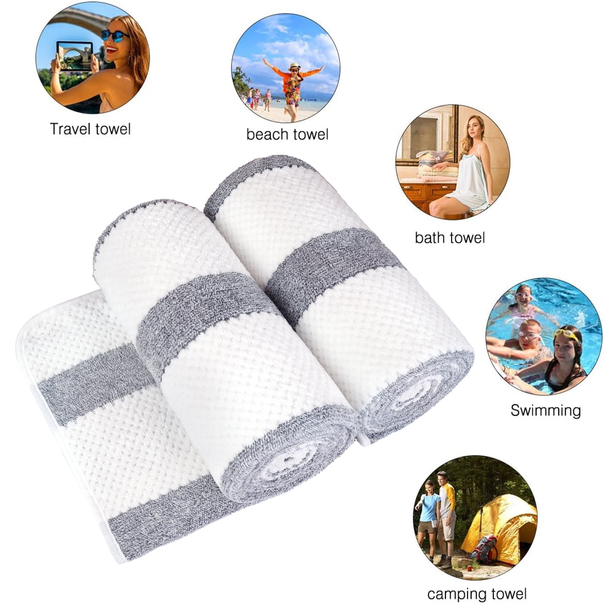 NC Fashion 2 Piece Microfiber Bath Towel Set, Gray, White, Multi-color