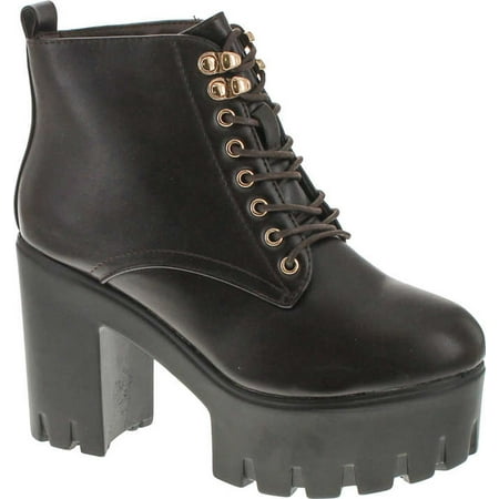 - Soda Women's Climate Faux Leather Lace-Up Thick Platform Chunky Heel Lug Ankle Bootie