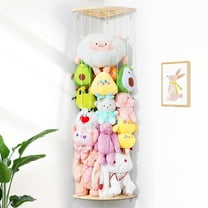 Corner Stuffed Animal Storage Net - Heigh Adjustable Wood Stuffed Animal Organizer - Large Wall Plush Holder Teddy Bear Storage for Bedroom Kids Room Nursery Decor