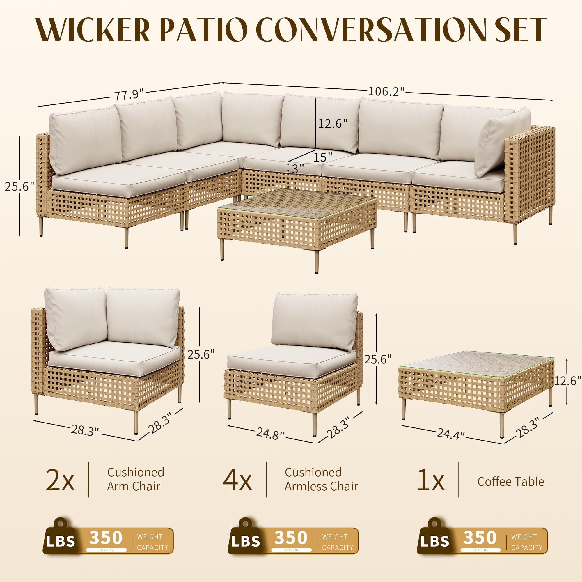 LHBcraft 7-Piece Wicker Patio Furniture Set, Boho Outdoor Conversation Set Sectional Sofa with Water Resistant Thick Cushions and Coffee Table