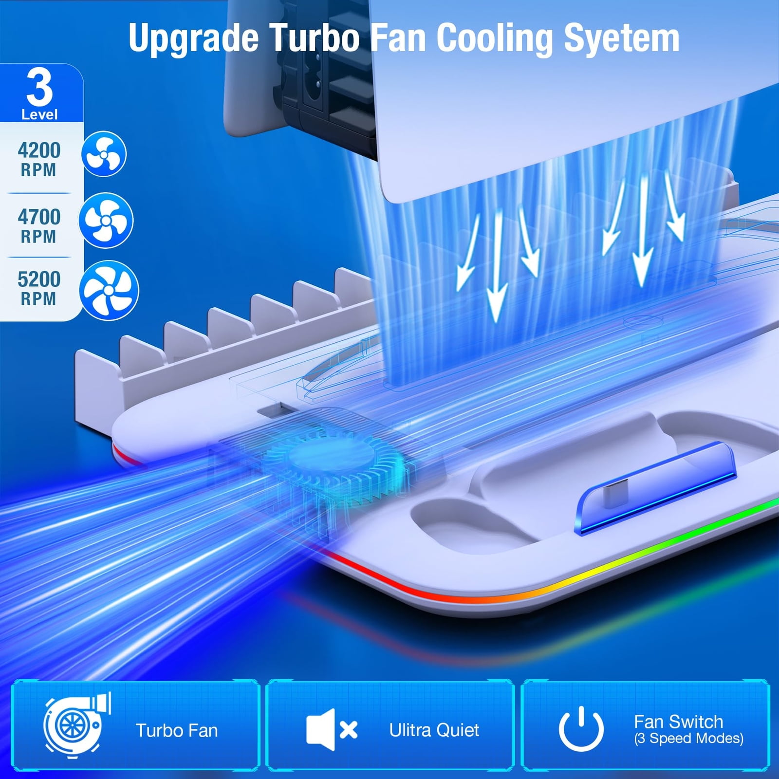 PS5 Stand and Cooling Station with Controller Charging Station for P5 Slim, PS5 Accessories Incl. 3 Levels Cooling Fan, 15 Game Storage, Headset Holder for Playsation 5 Digital/Disc, White