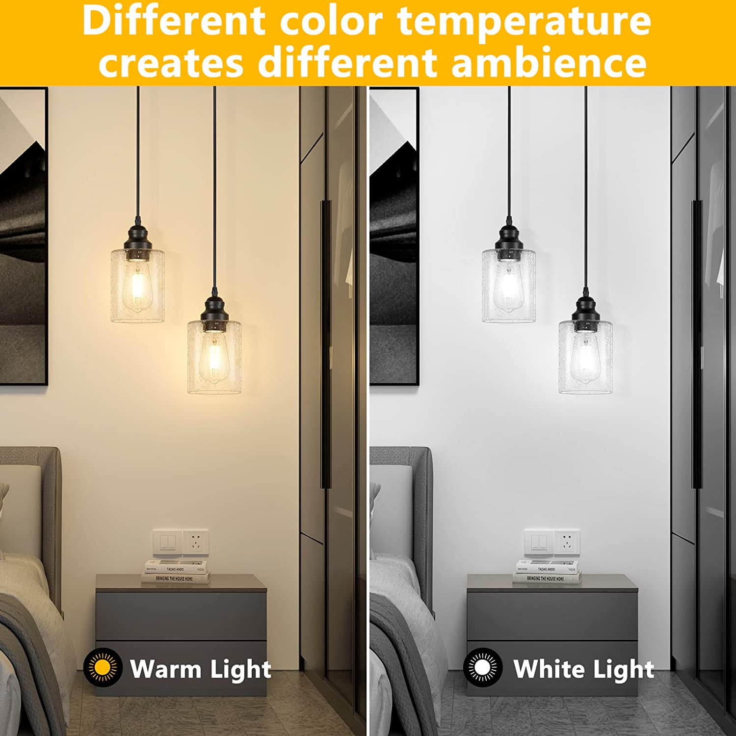 Pendant Lighting 3-Pack Ceiling Lights Hanging Cord Lamp Black Pendant Lights Fixtures for Kitchen Island Dining Room with Glass Shade, Without Bulbs