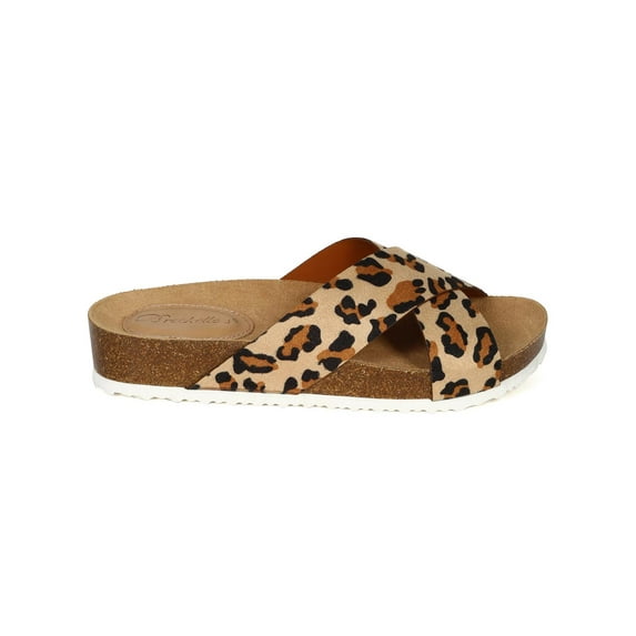 Women Leopard Open Toe Criss Cross Slip On Footbed Sandal CD46