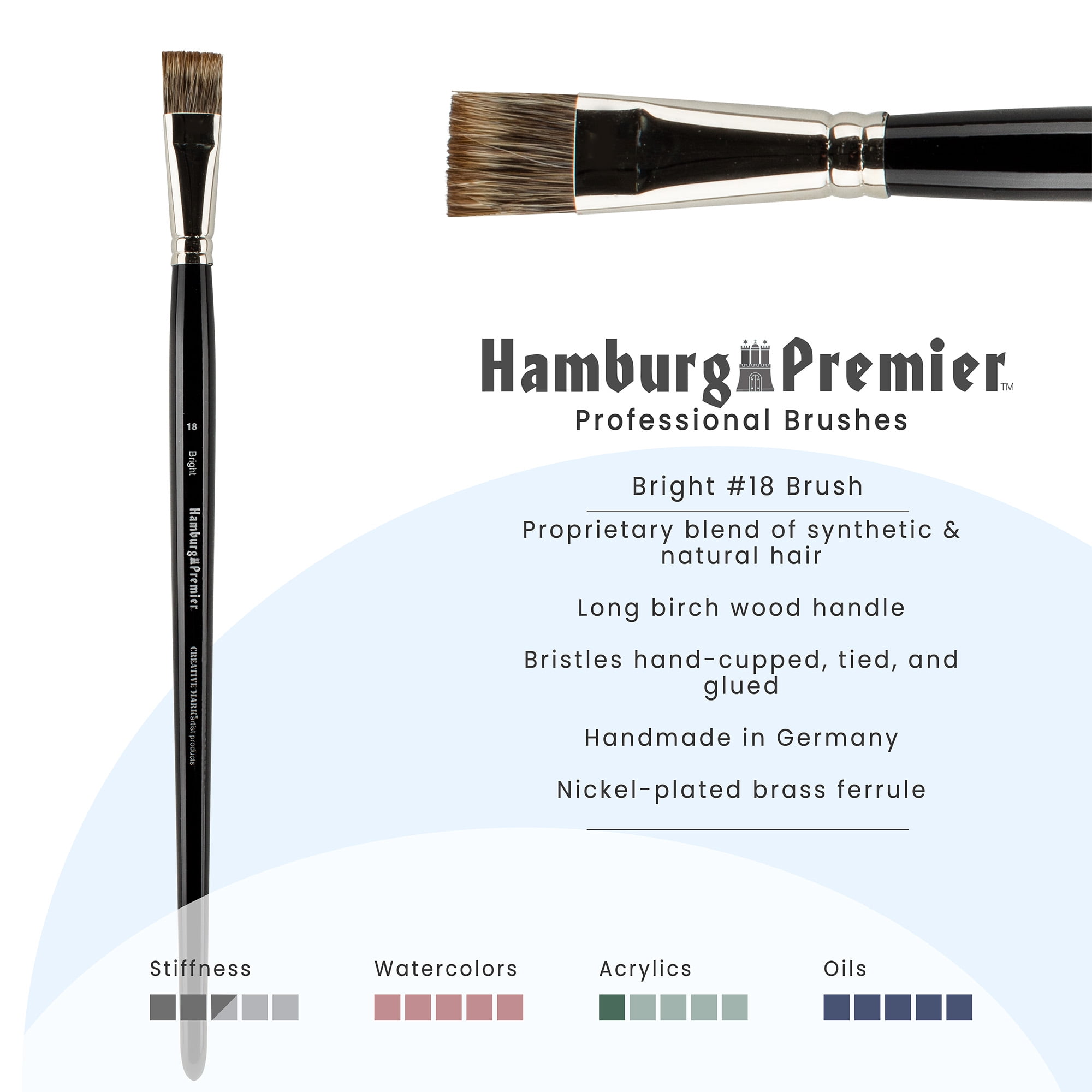 Creative Mark Hamburg Premiere Professional Oil Painting Brushes - Bright #18 Oil Paint Brush - Handmade in Germany, Natural & Synthetic Hair Blend, Long Triple-Lacquered Birch Handle