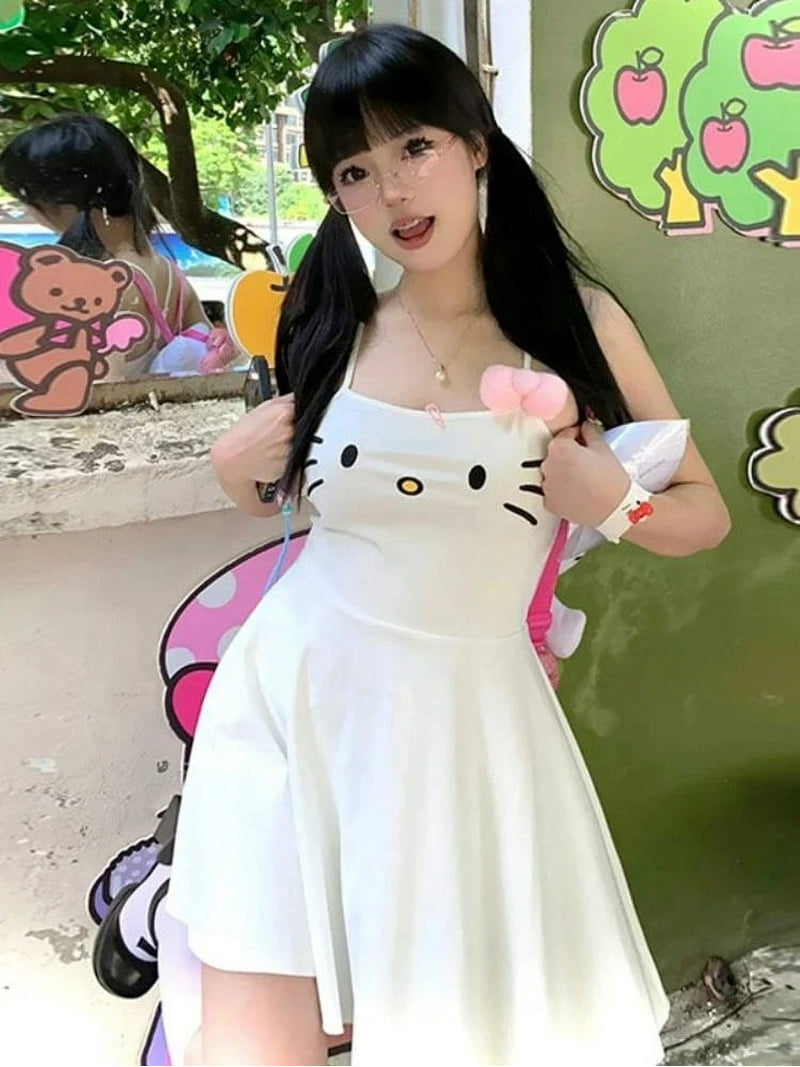 HOUZHOU Kawaii White Dress Women Japanese Y2k Cat Face