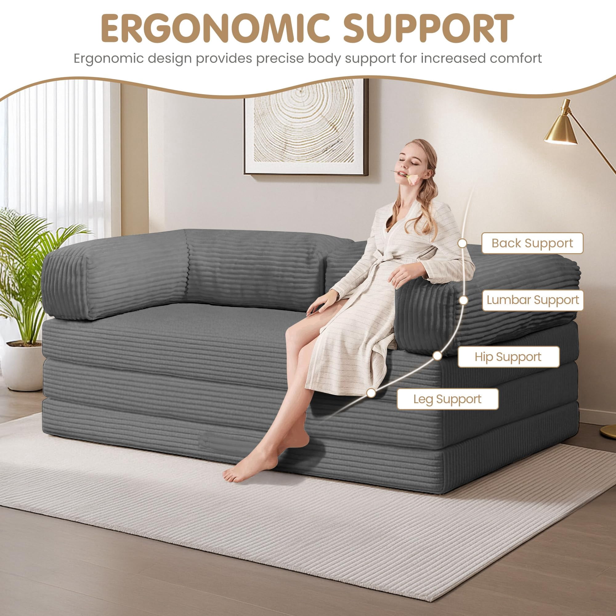 Convertible Sofa Bed Queen,Tri-Fold Boneless Couch with Removable Armrests & Handle,Corduroy Futon Floor Folding Mattress