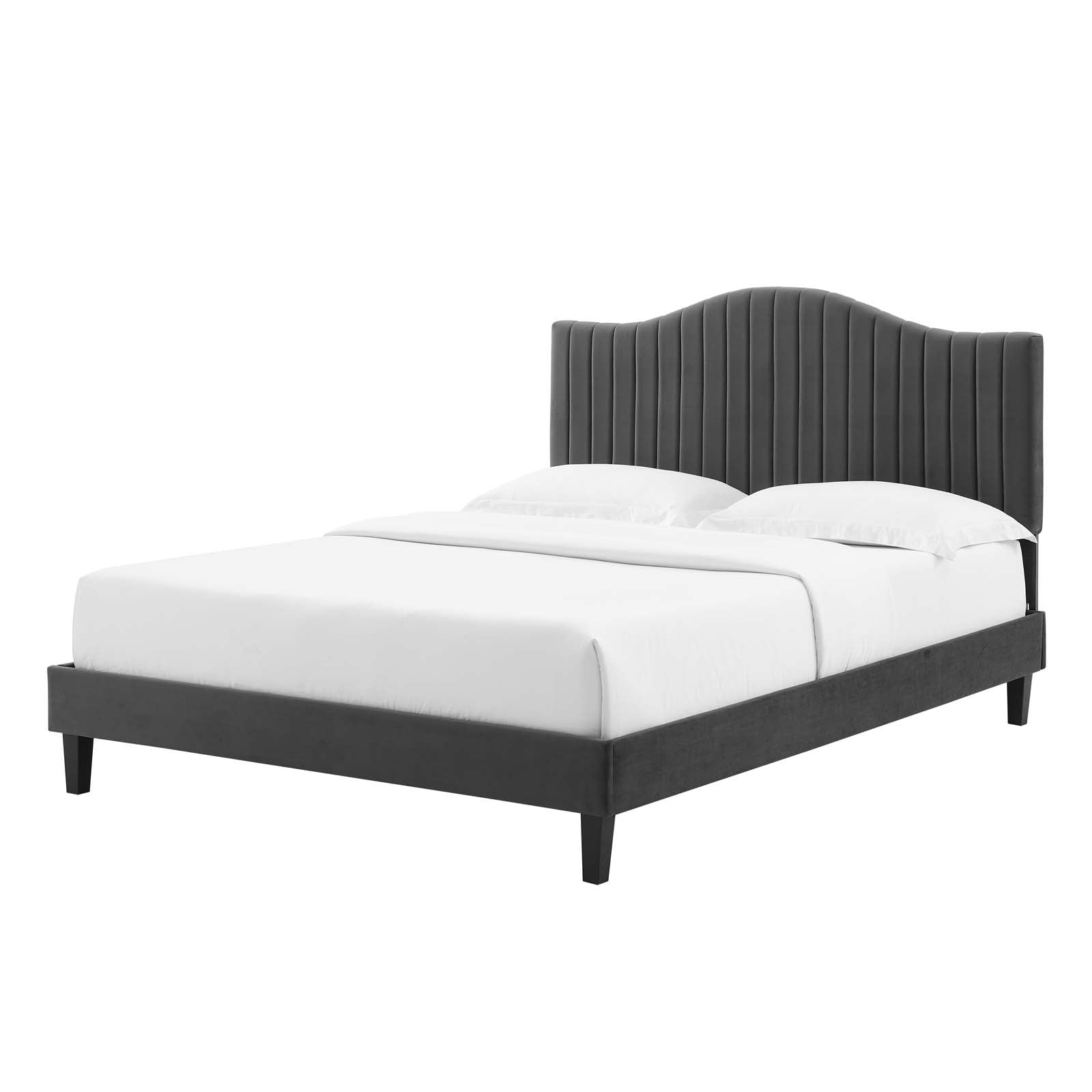 Tufted Platform Bed Frame, Full Size, Velvet, Dark Grey Gray, Modern Contemporary Urban Design