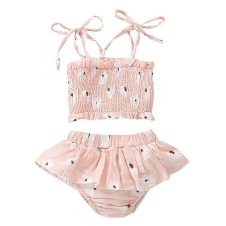 

Seyurigaoka Baby Girls Two-piece Lovely Pants Suit Daisy Print Tie-up Shoulder Strap Ruched Camisole + Elastic Band Culottes