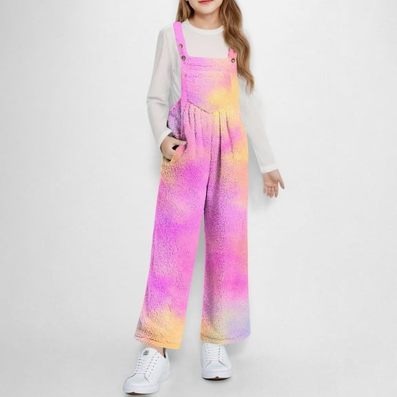 UQJfacai Girls Fleece Overalls Winter Warm Tie Dye Sherpa Fuzzy Jumpsuit Kids Casual Adjustable Straps Romper with Pockets 5-14 Years