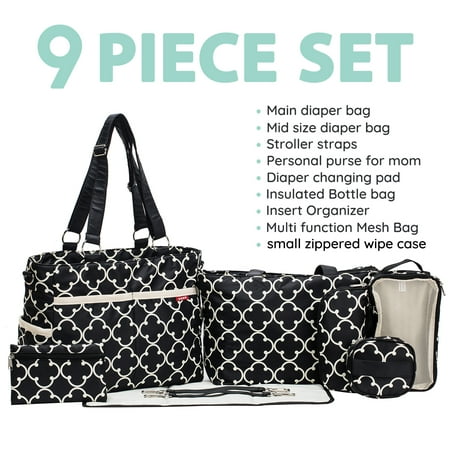 SoHo Collections, Diaper Bag Tote Nappy Travel with Stroller Straps, 9 Piece Complete Set,