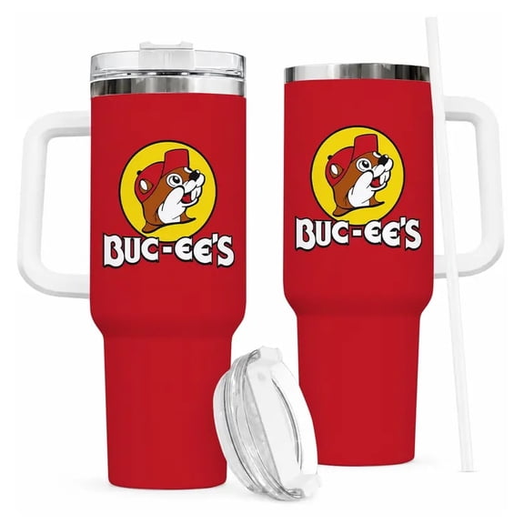 Buc-ee's Insulated 40oz Tumbler, Red Stainless Steel Travel Cup with Handle & Straw Lid, Road Trip Fan Gift