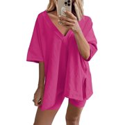2 Piece Women's Outfit: Loose Tops with Short Sleeves and V Neck + Shorts