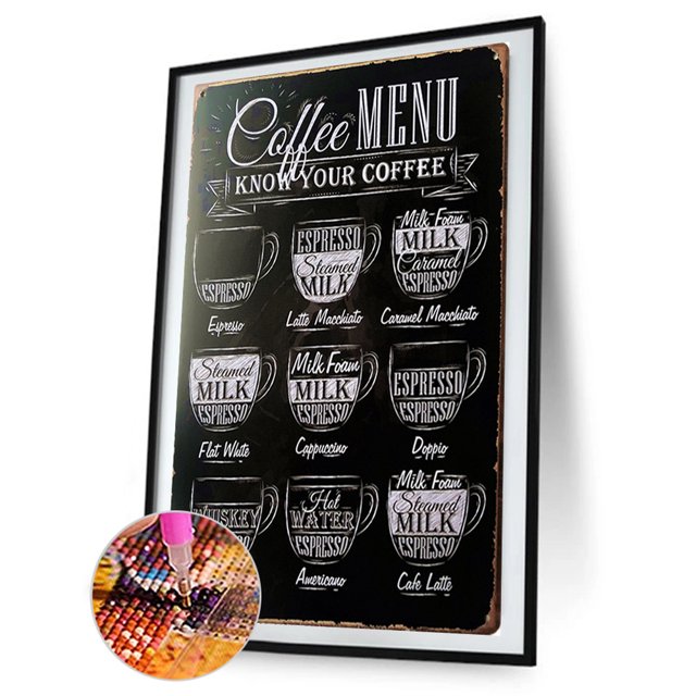 Cuadros Decorativos Kit de pintura de diamante 5D, menú de café, taladro redondo completo, diamantes de imitación, manualidades de pared DIY DQrwqpou Nuevos Originales