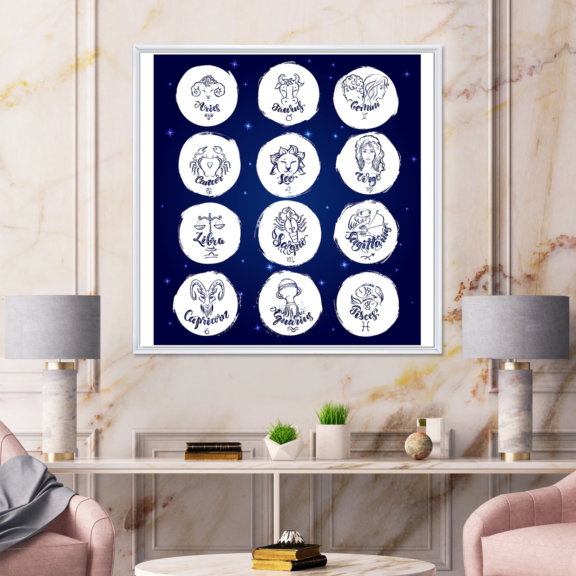 Designart 'Zodiac Diagram & Signs On Blue' Modern Framed Canvas Wall Art Print