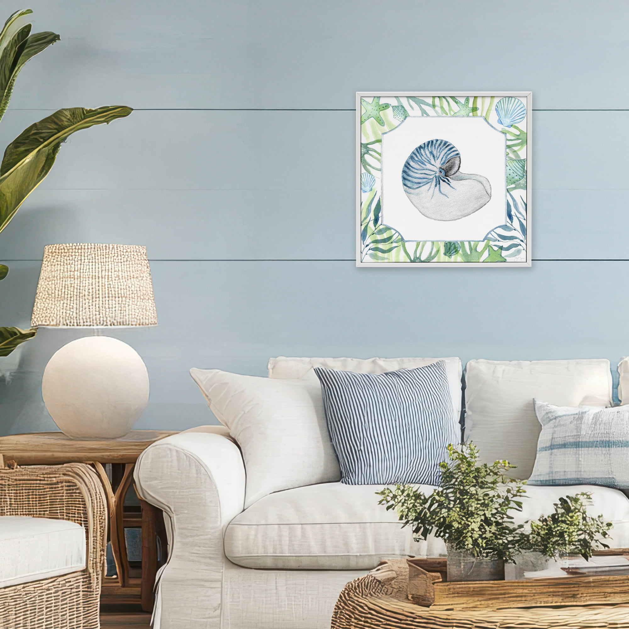 Stupell Industries Seaweed & Seashells Aquatic White Framed Giclee Art, design by Janet Tava