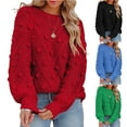 thumbnail image 7 of Women’s Crewneck Balloon Long Sleeve Cable Knit Chunky Cozy Oversized Pom Pullover Sweater Fall Pullover Chunky Knit Sweater Tops, 7 of 7