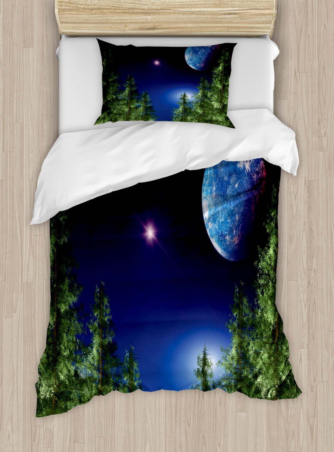 Full Moon Duvet Cover Set, Cosmic Night Sky Pattern with Pine Trees