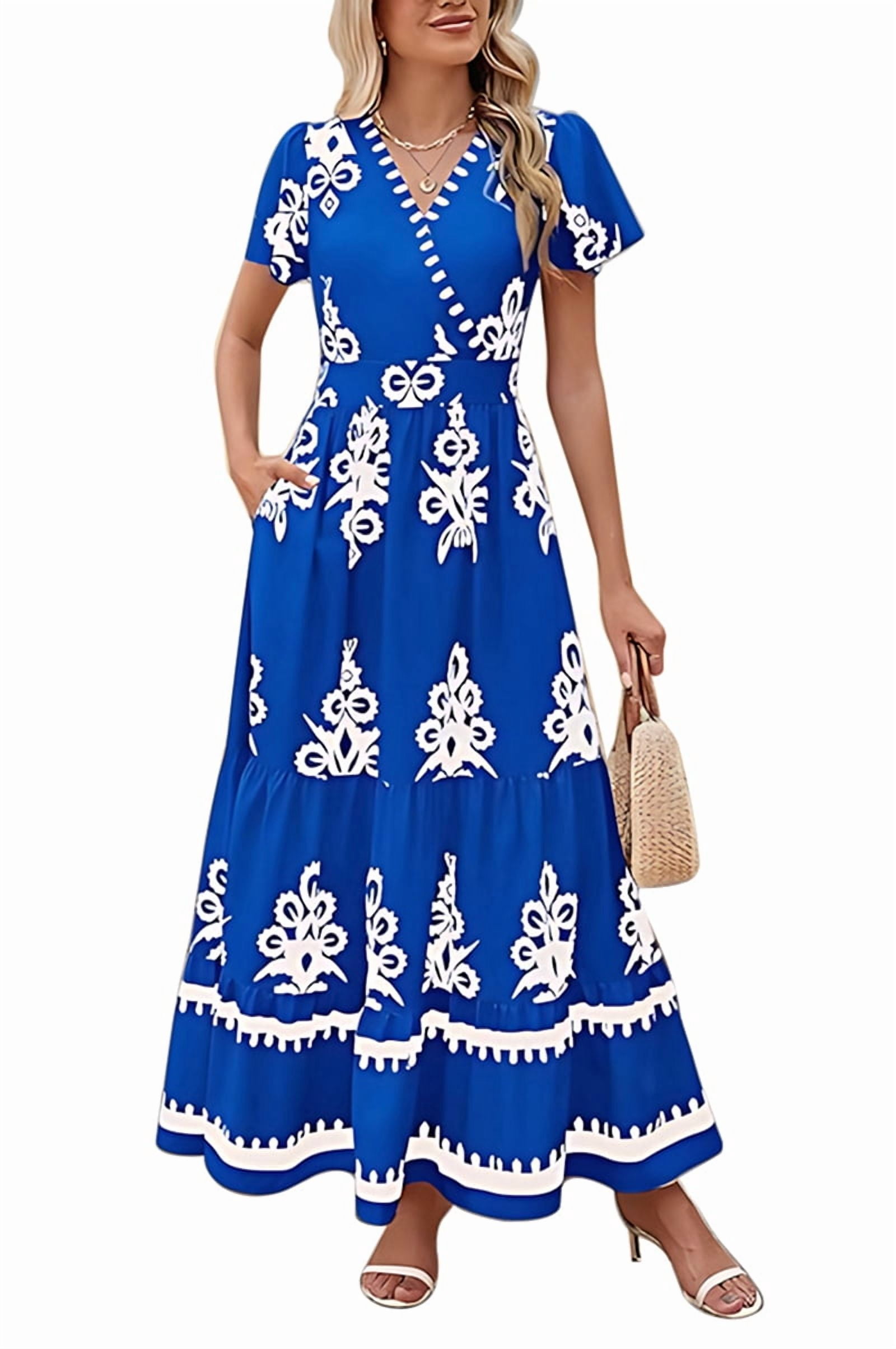 Womens 2025 Summer Casual V Neck Boho Maxi Dress Flowy Aline Bell Sleeve Tiered Floral Dresses with Pocket Blue L